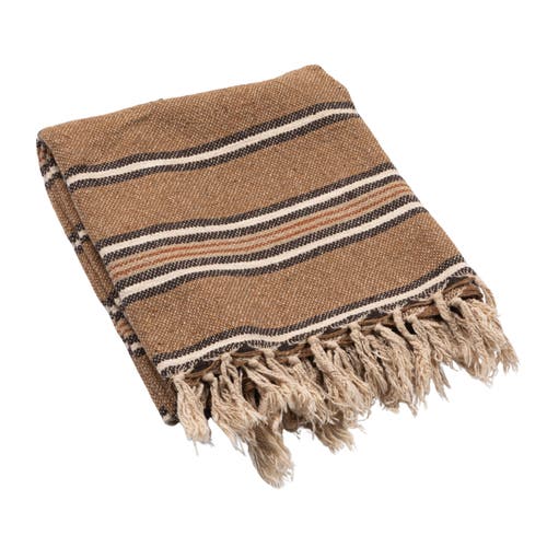 Storied Home Cotton Blend Throw With Stripes And Fringe, Rust Color, Natural And Black In Brown