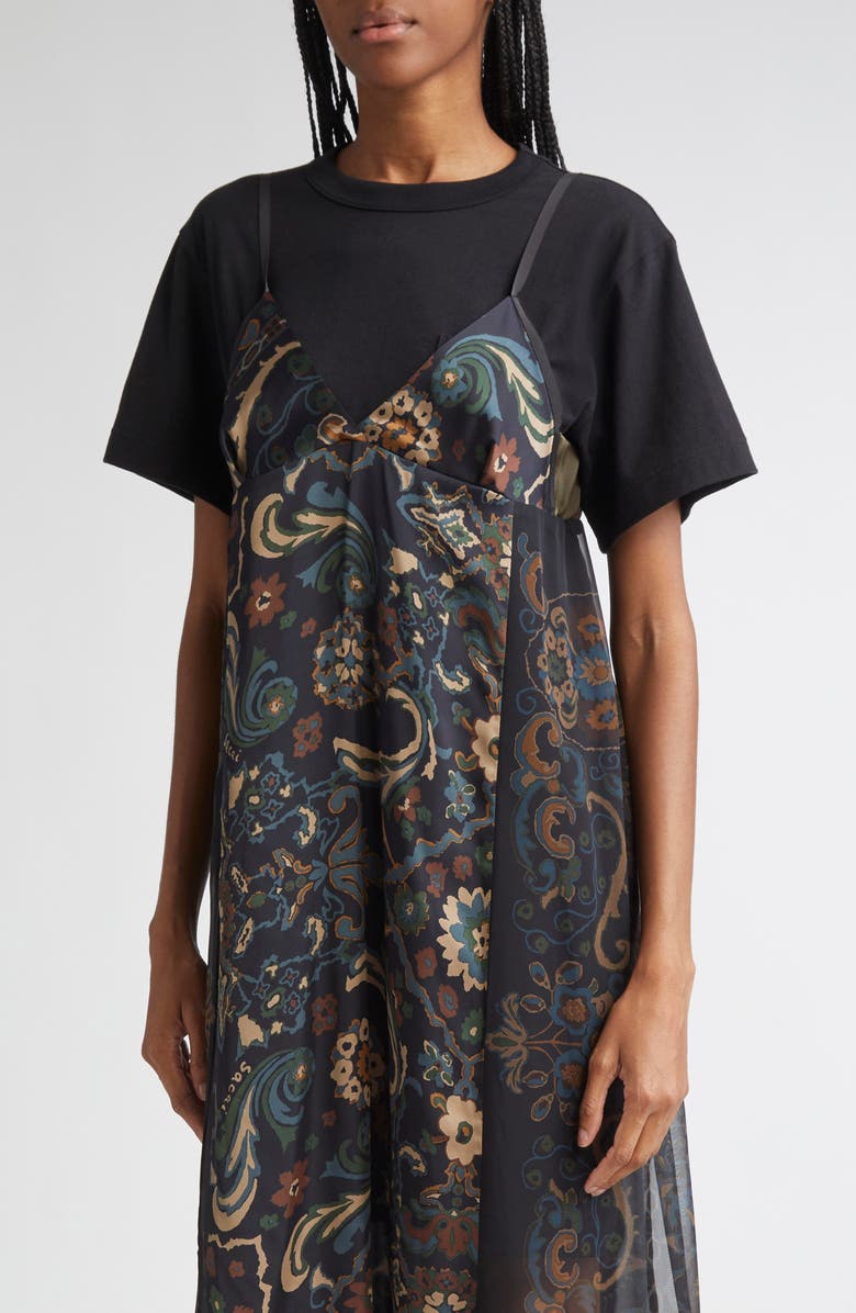 Sacai Floral Print Slipdress Overlay T-Shirt Dress, Alternate, color, Black/ Navy
