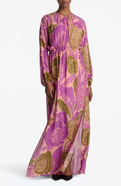 California Poppy Long Sleeve Metallic Fil Coupé Maxi Dress