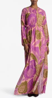 ST. JOHN California Poppy Long Sleeve Metallic Fil Coupé Maxi Dress
