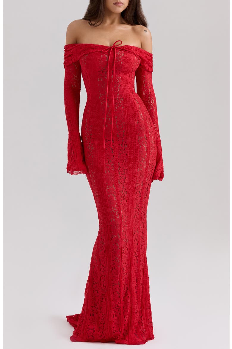 Belle Off the Shoulder Long Sleeve Mermaid Gown, Main, color, RED