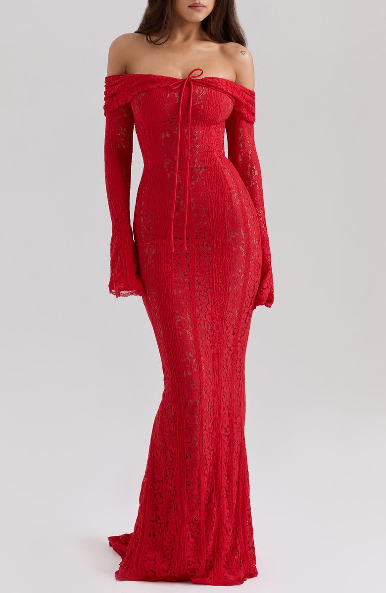 HOUSE OF CB Belle Off the Shoulder Long Sleeve Mermaid Gown, Main, color, Red