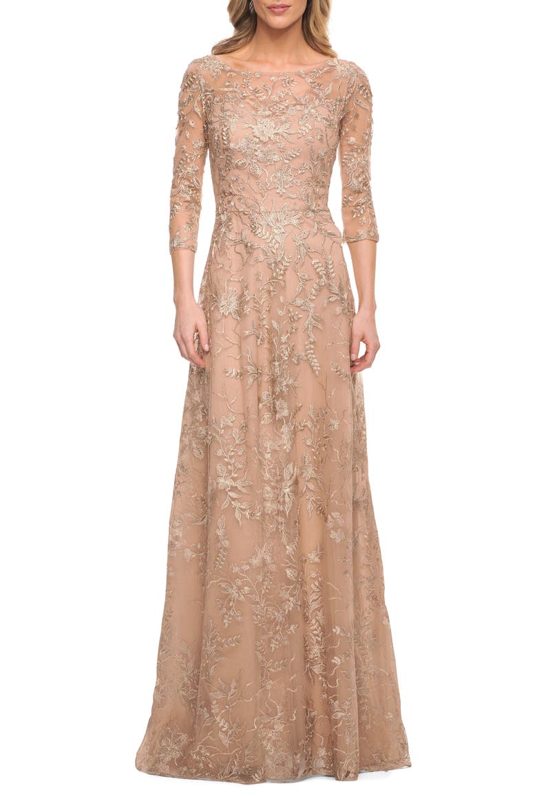 Mother of the Bride Lace Dress with Three-Quarter Sleeves, Alternate, color, Light Gold