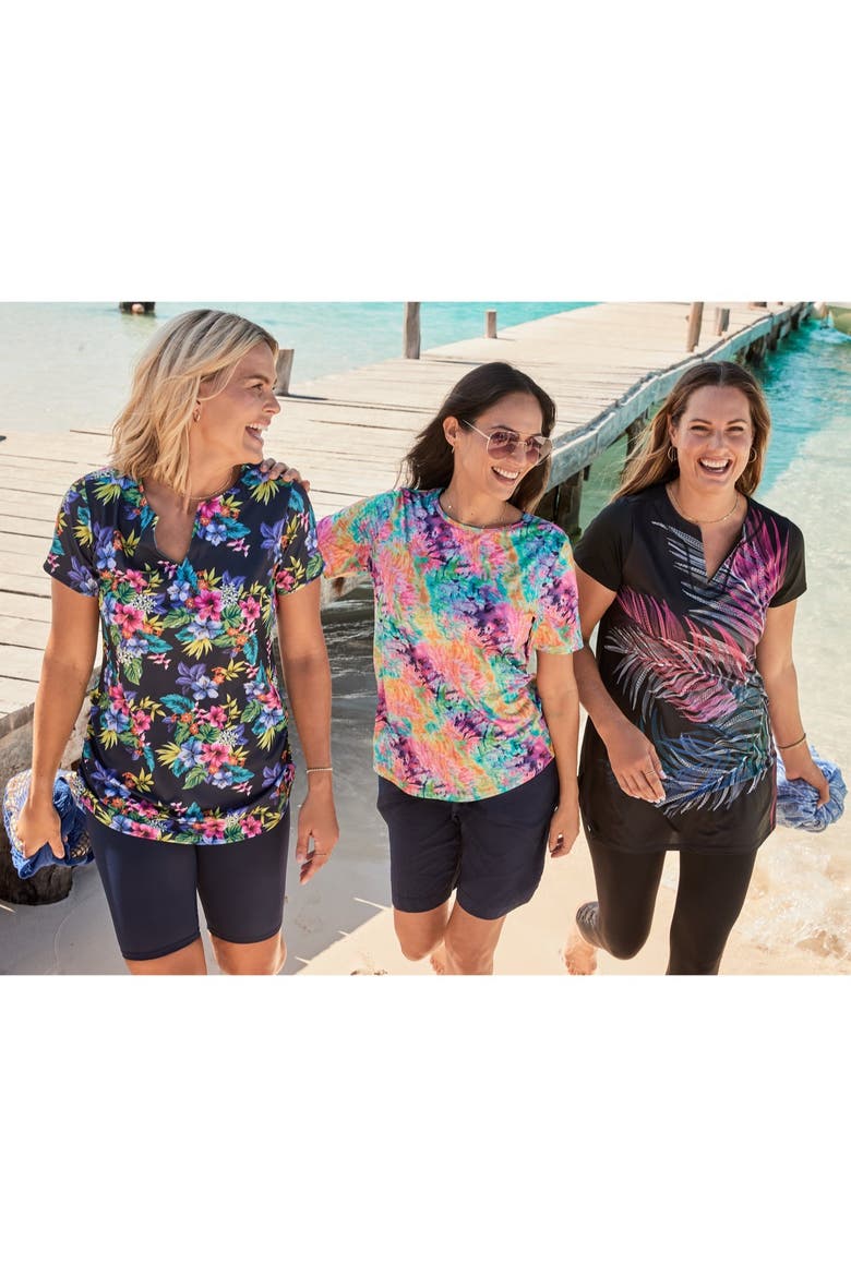 Longer-Length Notch-Neck Short-Sleeve Swim Tunic, Alternate, color, CLASSIC LEOPARD