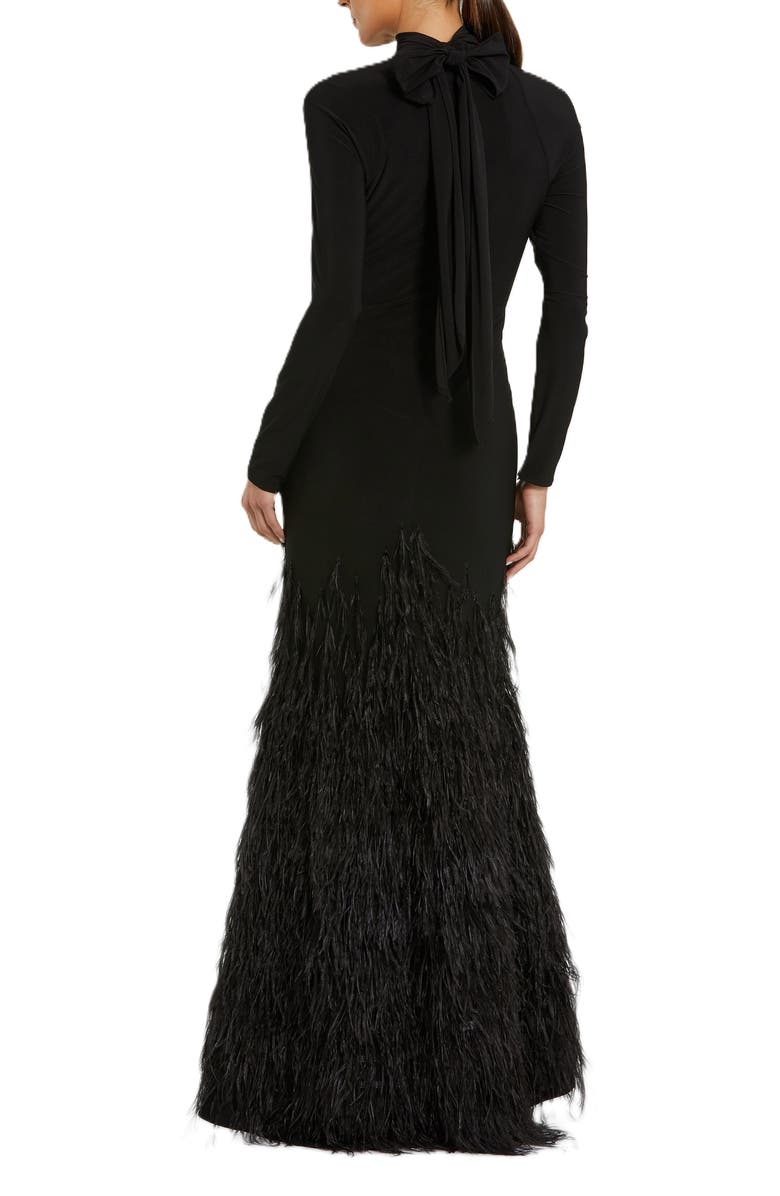 Mac Duggal Jersey Long Sleeve High Neck Feather Gown, Alternate, color, Black