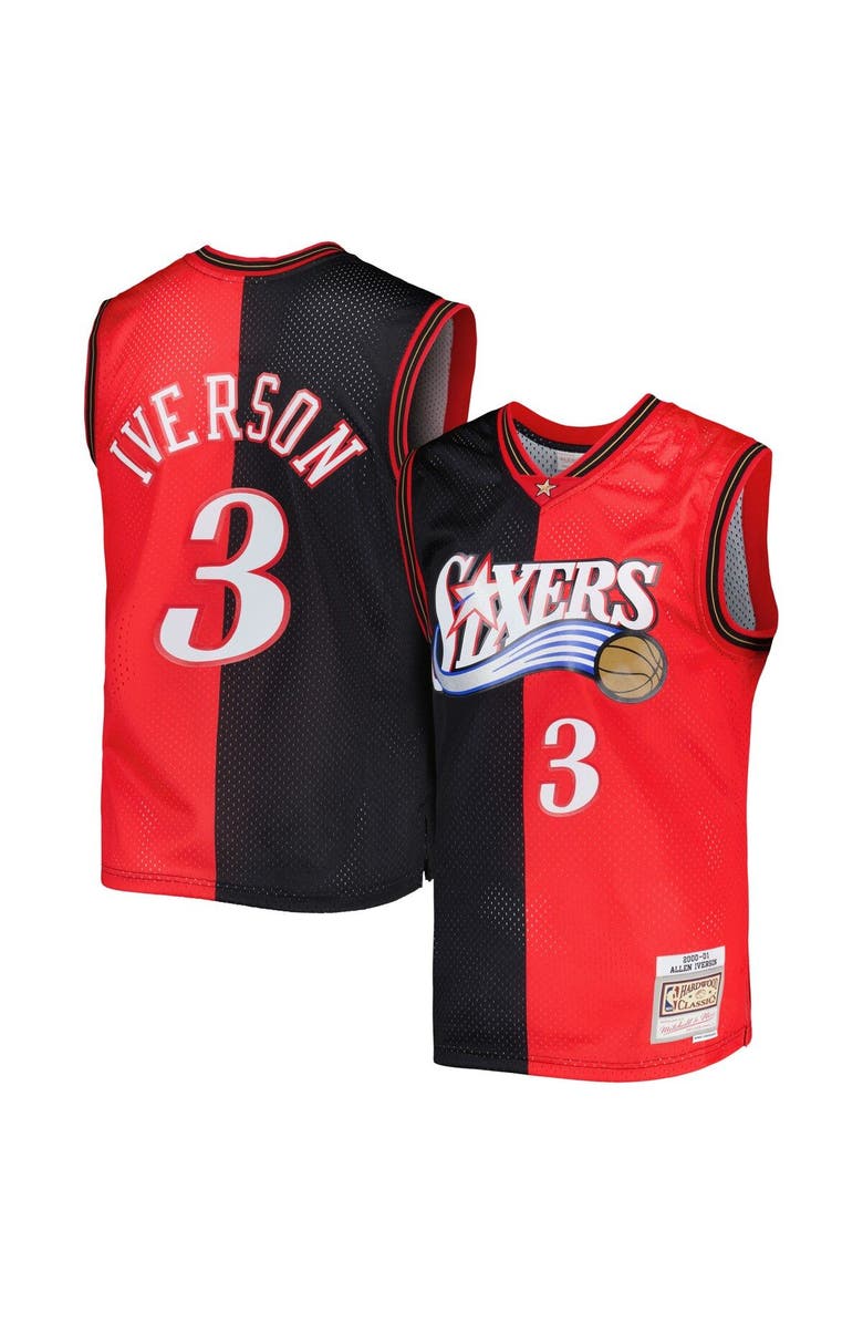 Mitchell & Ness Men's Mitchell & Ness Allen Iverson Black/Red Philadelphia 76ers Hardwood Classics 2000/01 Split Swingman Jersey, Main, color, 