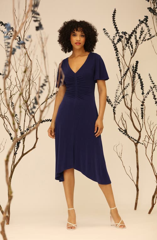 Maggy London Ruched Flutter Sleeve Midi Dress In Midnight