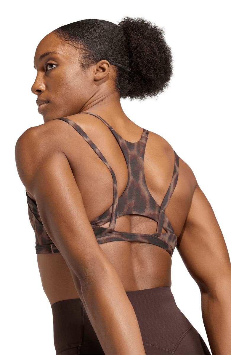 adidas Optime Leopard Strappy Light Support Climacool Sports Bra, Alternate, color, Earth Strata/ Black/ Print