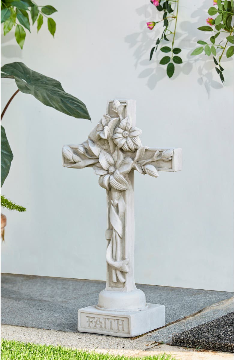 Glitzhome 13.75"H MGO Holy Christian Cross with Lily Garden Statue, Alternate, color, White