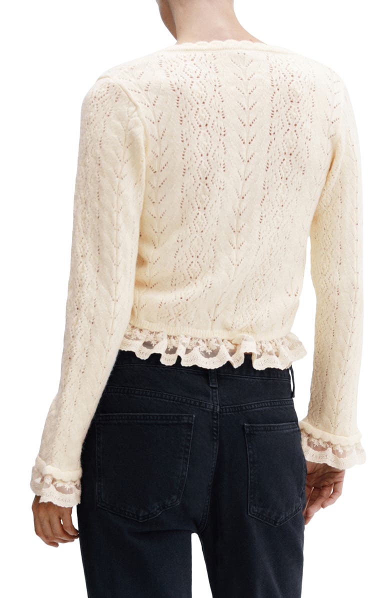 MANGO Ruffle Lace Tie Front Crop Cardigan, Alternate, color,
