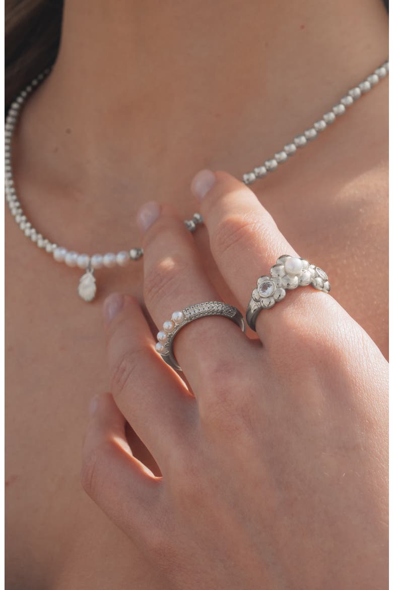 June Imitation Pearl & Cubic Zirconia Open Band Ring, Alternate, color, SILVER