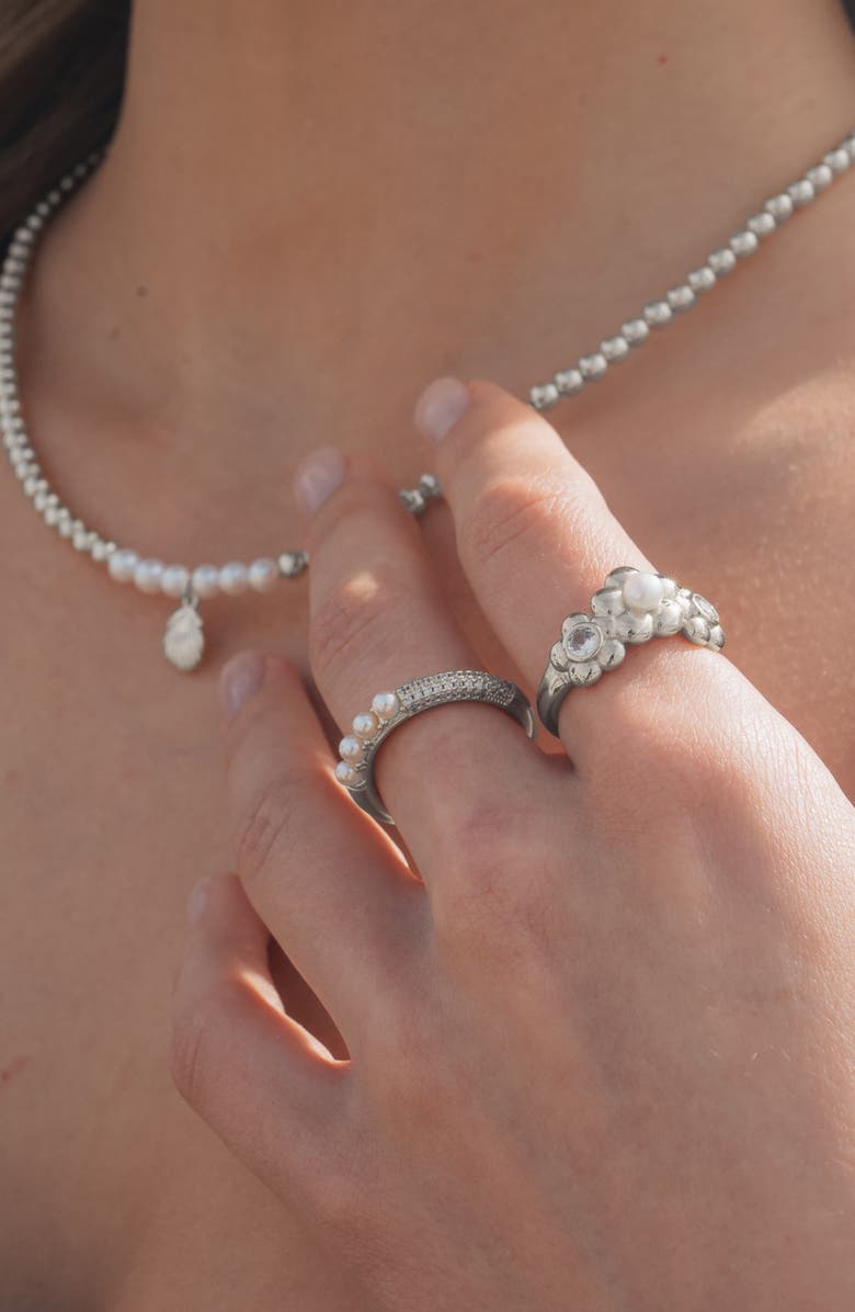 Sterling Forever June Imitation Pearl & Cubic Zirconia Open Band Ring, Alternate, color,