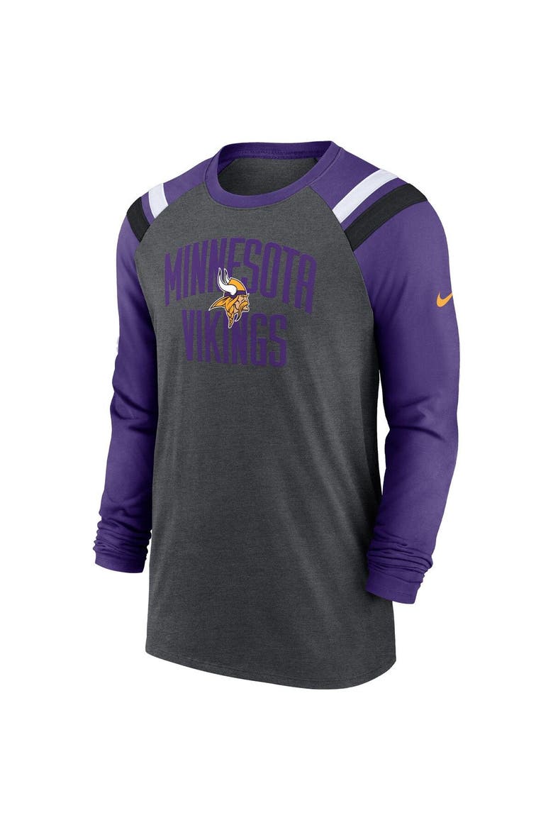 Men's Nike Heathered Charcoal/Purple Minnesota Vikings Tri-Blend Raglan Athletic Long Sleeve Fashion T-Shirt, Alternate, color, Heather Charcoal