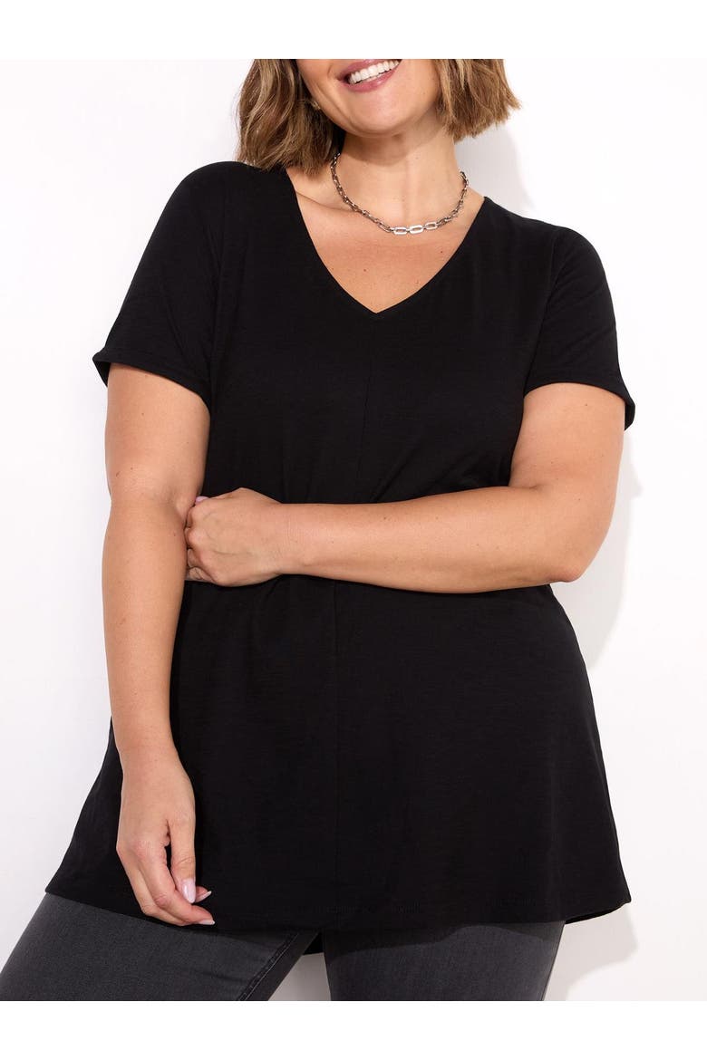 Cotton Slub V-Neck Longline T-Shirt, Alternate, color, Black