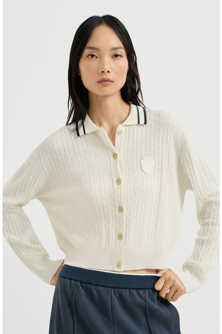 Cashmere cable knit polo shirt with logo, Main, color, Milk