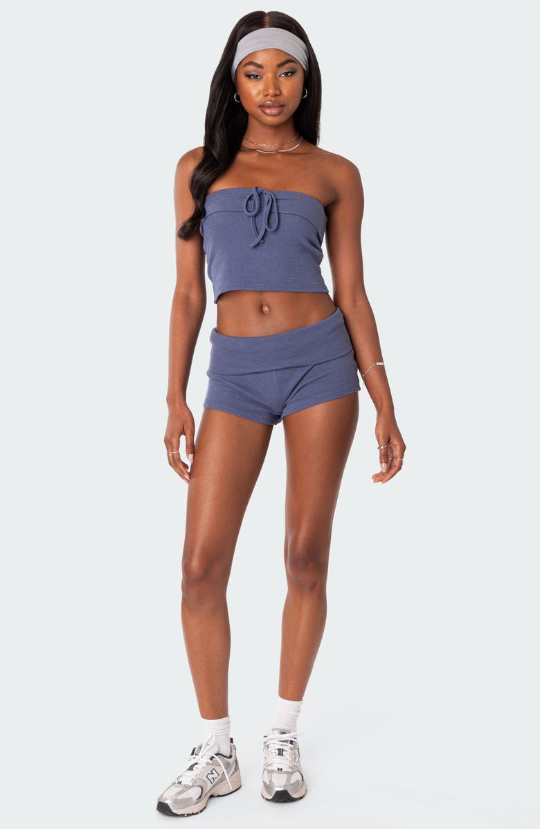 EDIKTED Lizzy Foldover Waffle Knit Shorts, Alternate, color, Navy