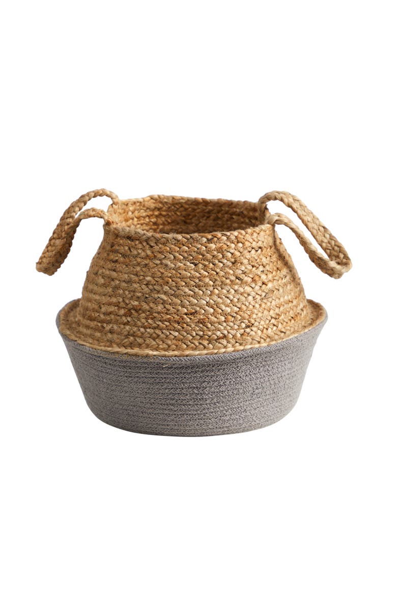 14-in Boho Chic Handmade Cotton & Jute Gray Woven Basket Planter, Main, color, Beige