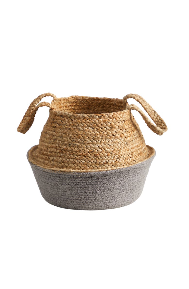 NEARLY NATURAL 14-in Boho Chic Handmade Cotton & Jute Gray Woven Basket Planter, Main, color, Beige
