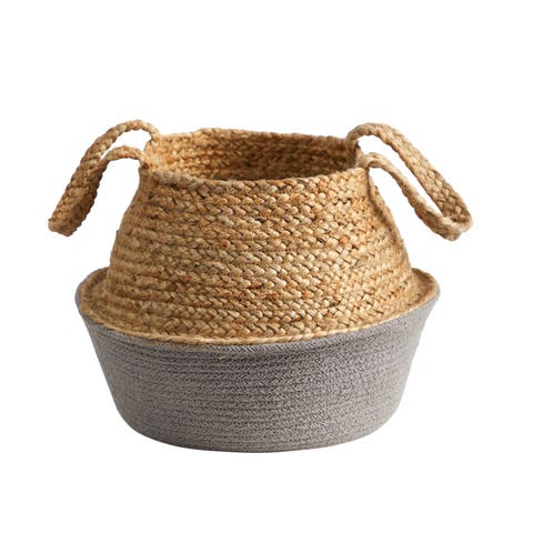 14-in Boho Chic Handmade Cotton 
Jute Gray Woven Basket Planter