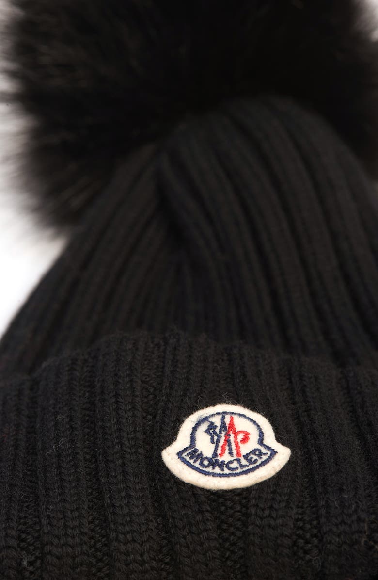 Moncler Virgin Wool Rib Beanie with Faux Fur Pompom, Alternate, color, Black