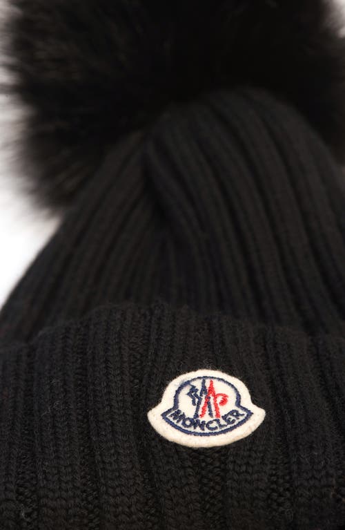 Moncler Ribbed Knit Wool Beanie With Faux Fur Pom-pom In Black