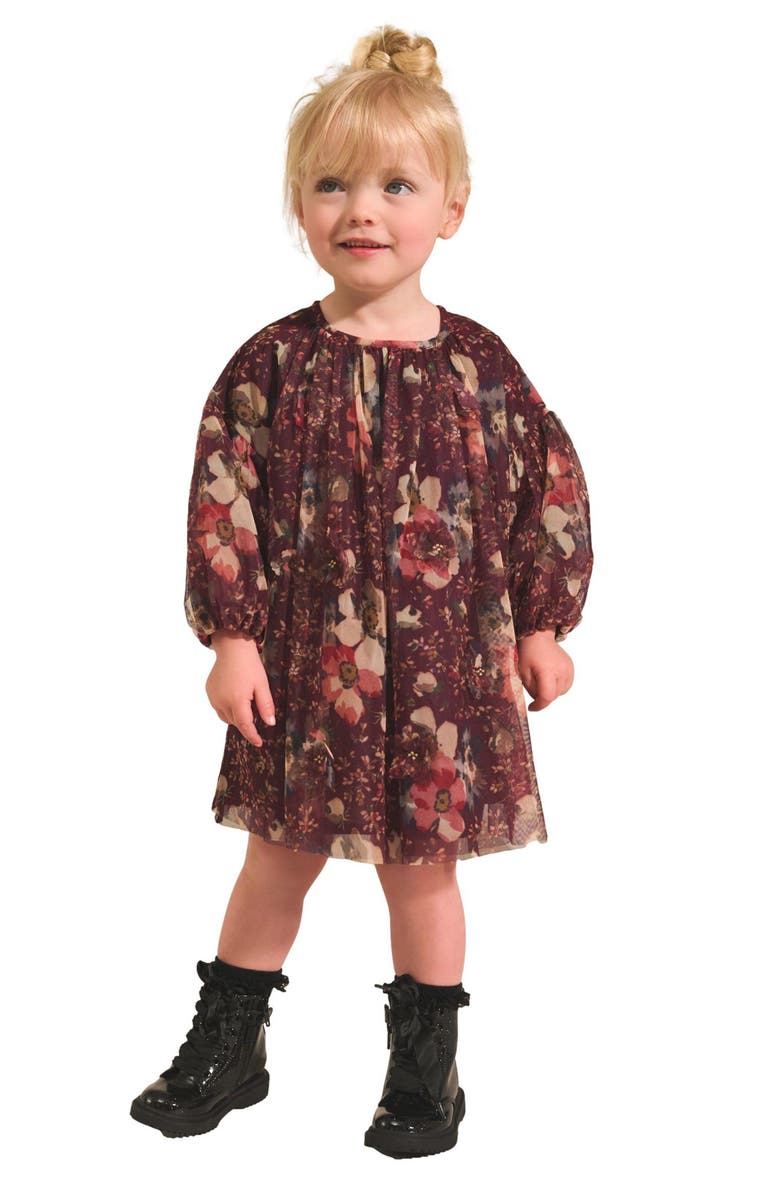 NEXT Kids' Floral Long Sleeve Mesh Dress, Alternate, color, Purple