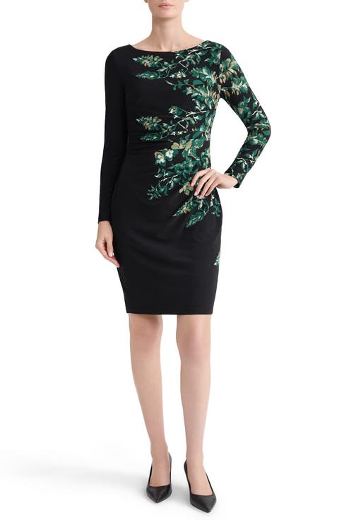 Floral Long Sleeve Side Pleat Dress