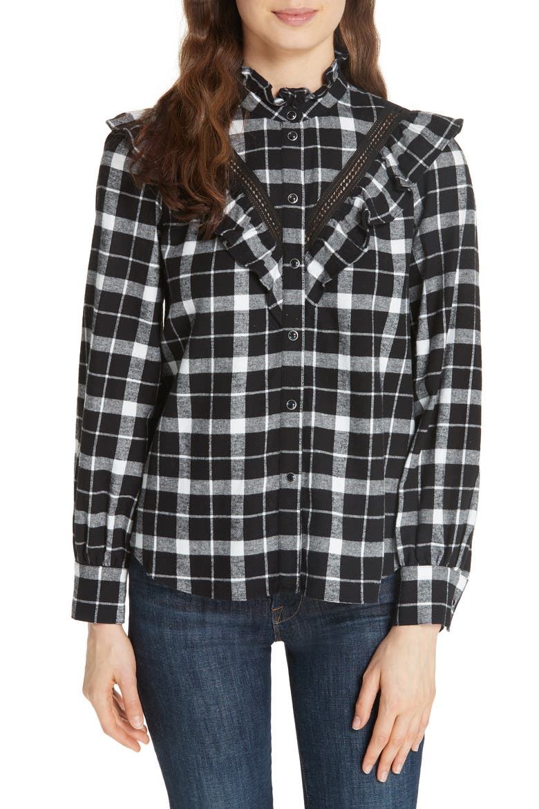 kate spade new york rustic plaid flannel shirt, Main, color, BLACK