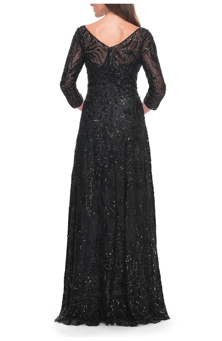 La Femme Beautiful Beaded Long Dress with Illusion Sleeves, Alternate, color, Black