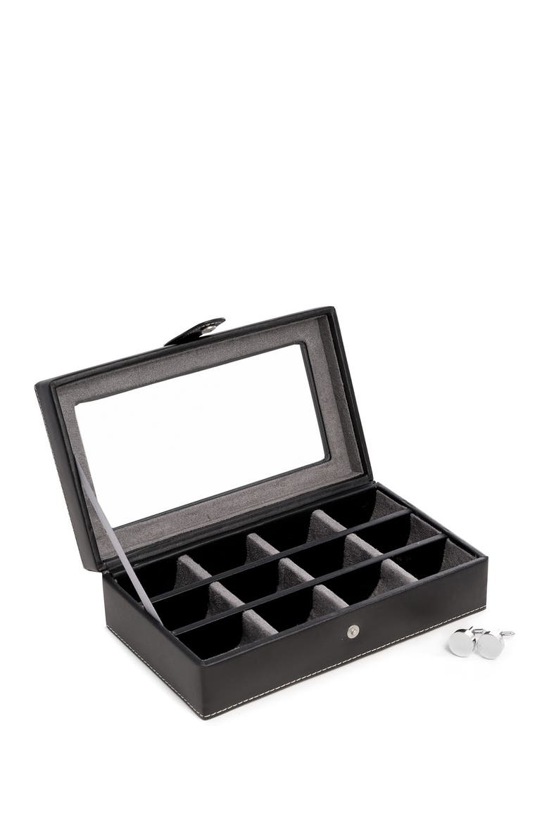 Black Leather Rectangular Window 12 Cufflink Box, Main, color, MULTI-COLOR