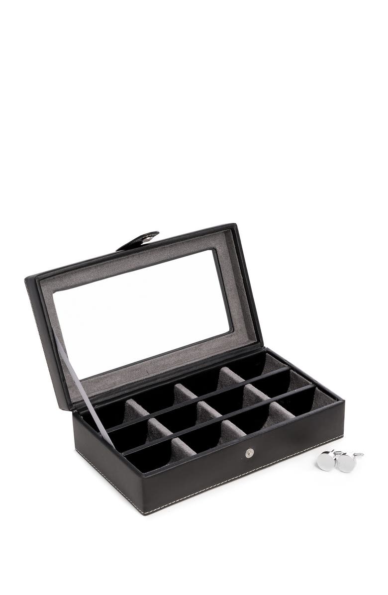Bey-Berk Black Leather Rectangular Window 12 Cufflink Box, Main, color, Multi-Color