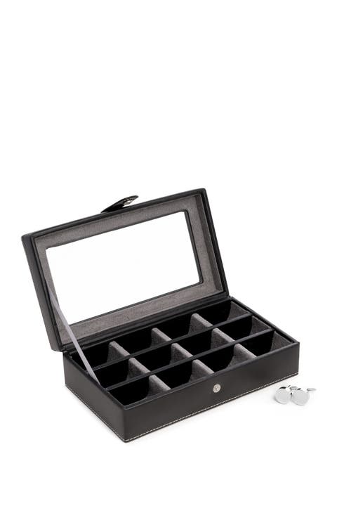 Black Leather Rectangular Window 12 Cufflink Box