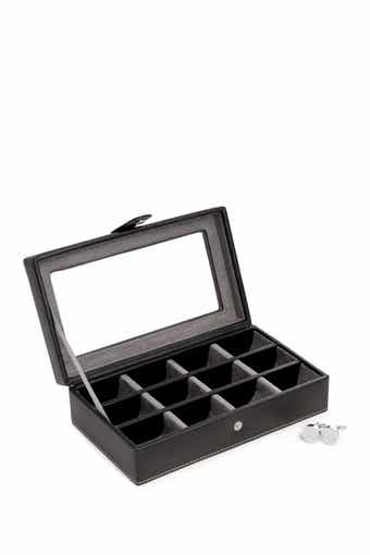 Bey-Berk Black Leather Rectangular Window 12 Cufflink Box