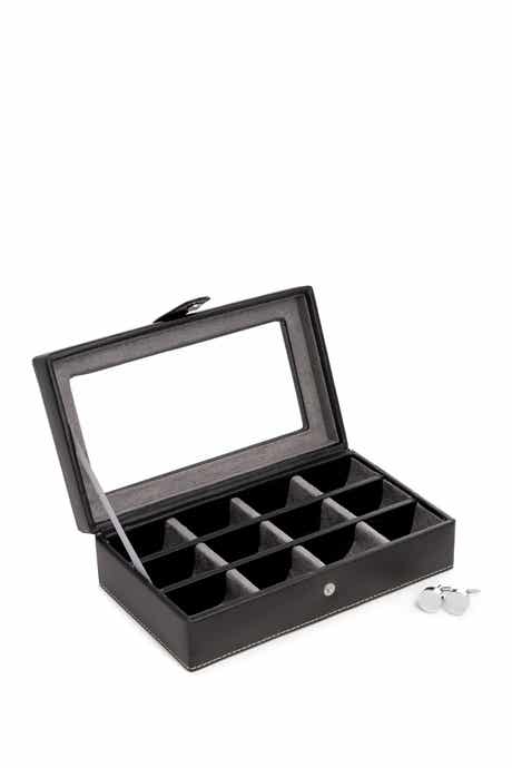 Bey-Berk Black Leather Rectangular Window 12 Cufflink Box