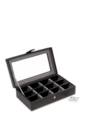 Bey-berk Black Leather Rectangular Window 12 Cufflink Box