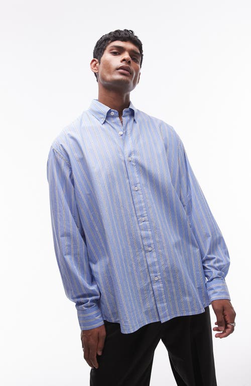 Topman Oversize Stripe Cotton Button-Up Shirt in Medium Blue 