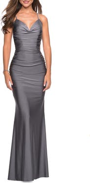 La Femme Form Fitting Jersey Dress with Ruching and Strappy Back
