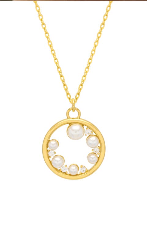 Faux Pearl & Crystal Circle Pendant Necklace