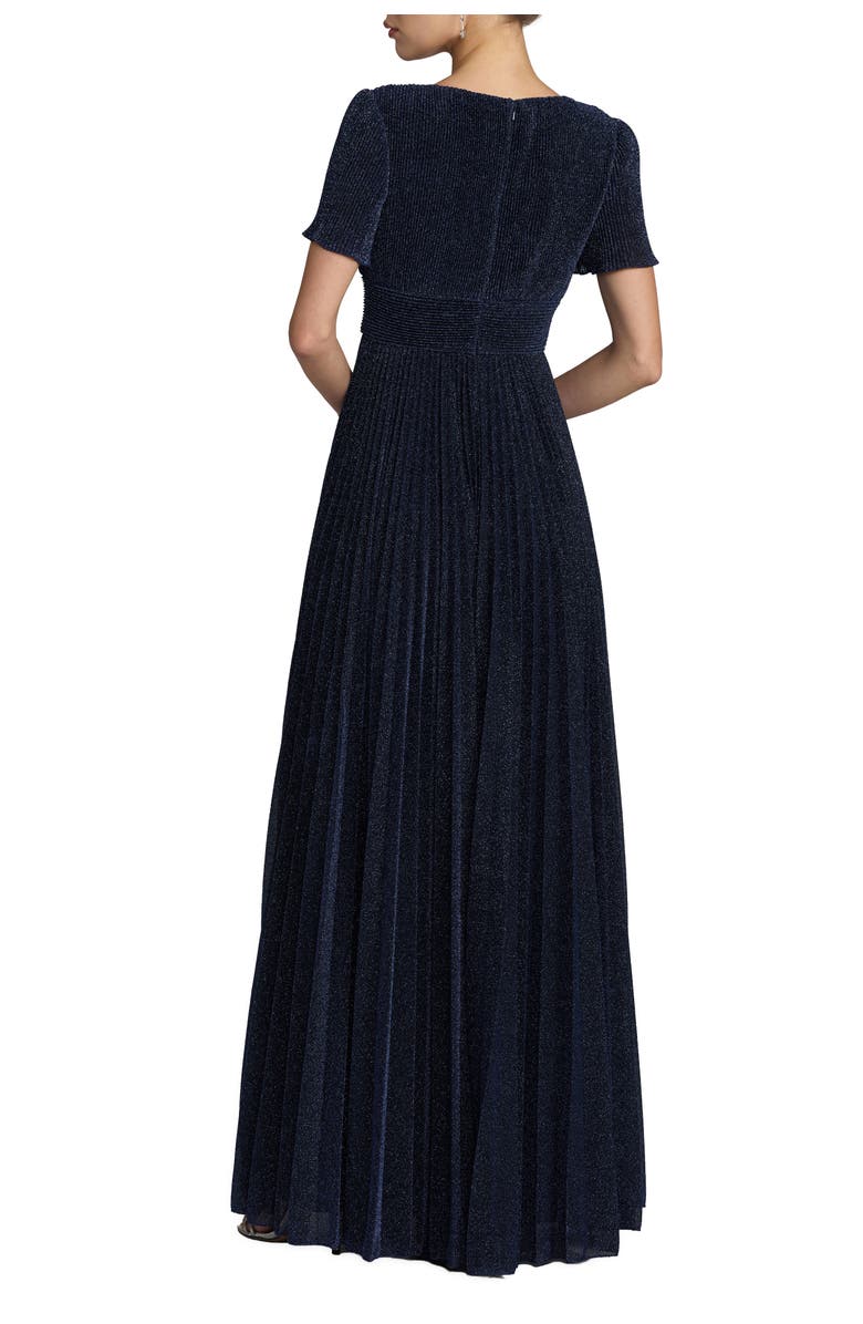 Mac Duggal Pleated Metallic Flutter Sleeve A Line Gown, Alternate, color, Midnight
