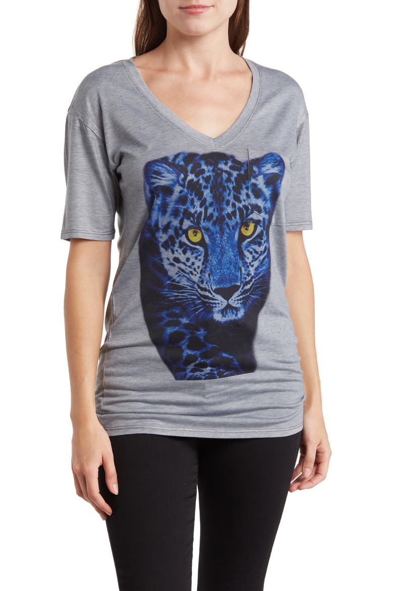 Deep V-Neck Art Print T-Shirt, Main, color, GREY LEOPARD