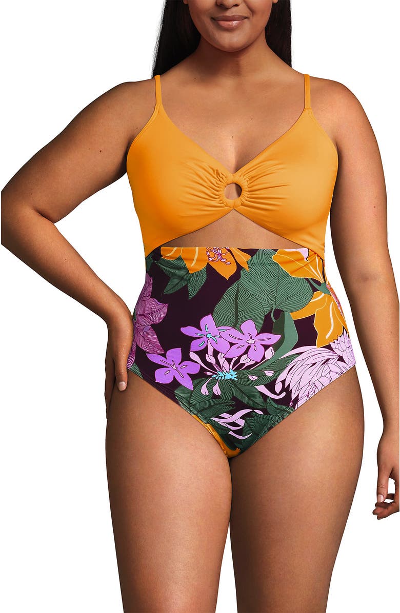 Lands' End Plus Size O-Ring Monokini One Piece Swimsuit, Alternate, color, Dark Wine Floral Bloom/Mango