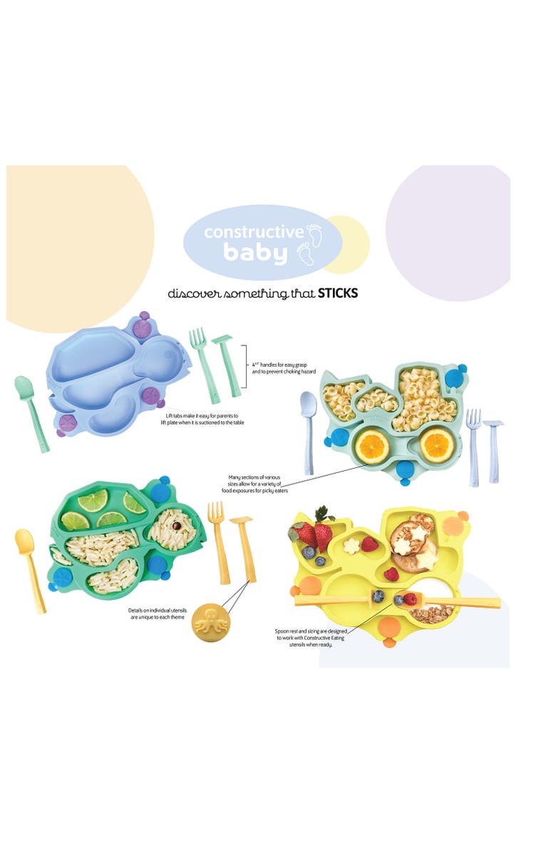 Constructive Eating Turtle Theme Divided Suction Training Plate and Utensils for Kids and Toddlers, Alternate, color, Green