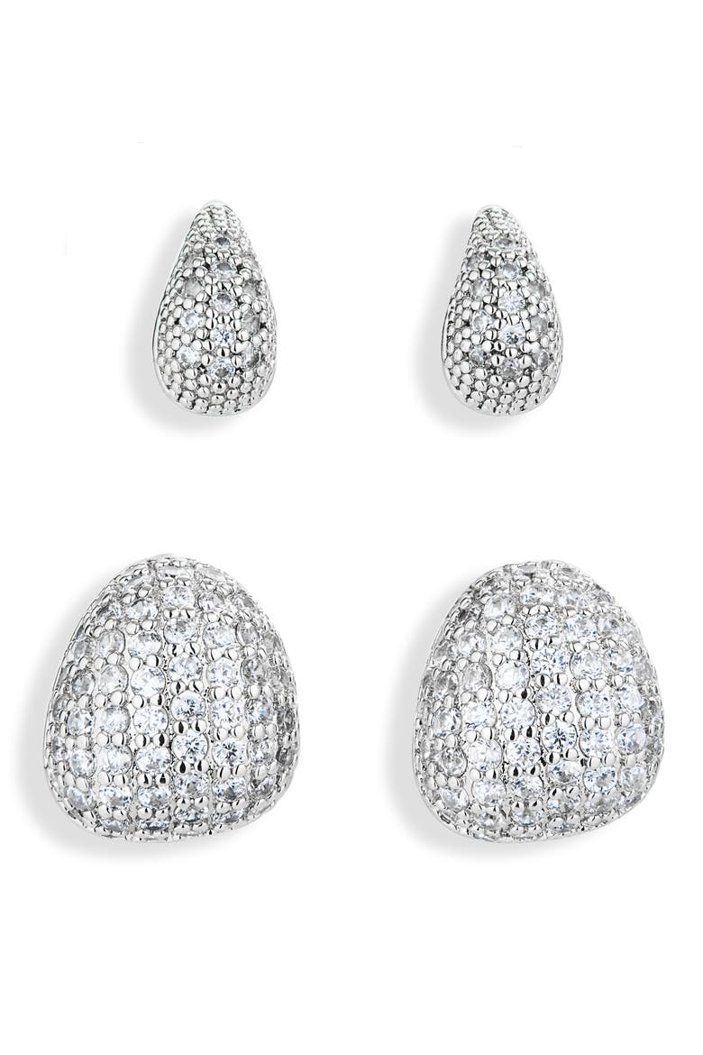 Set of 2 Pavé Cubic Zirconia Droplet Stud Earrings, Main, color, CLEAR- SILVER