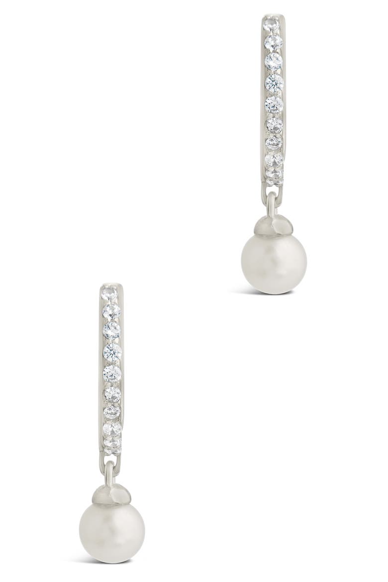 Maggie Cubic Zirconia Imitation Pearl Drop Huggie Hoop Earrings, Alternate, color, SILVER