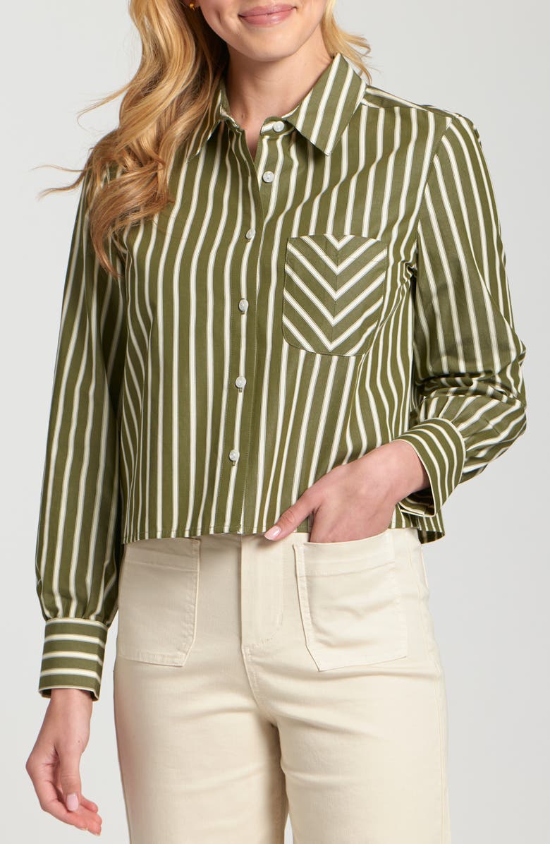 APNY Stripe Cotton Blend Crop Button-Up Shirt, Main, color, Olive/Off-White