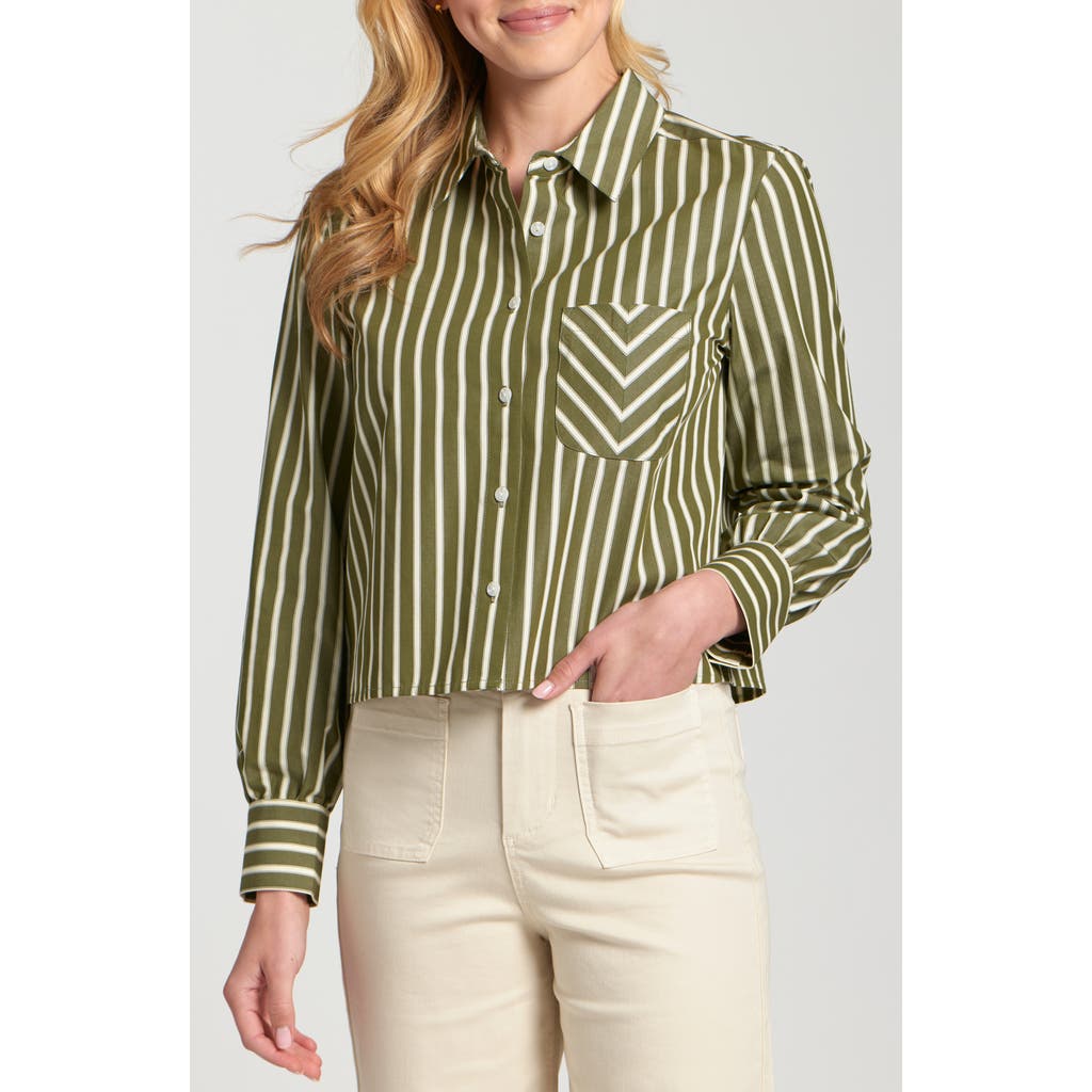 Apny Stripe Cotton Blend Crop Button-up Shirt In Green