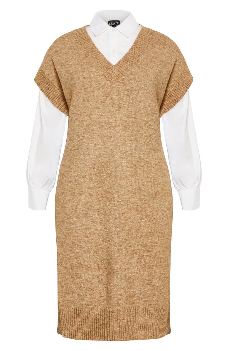 City Chic Gloria Layered Long Sleeve Knit Dress, Main, color, Caramel