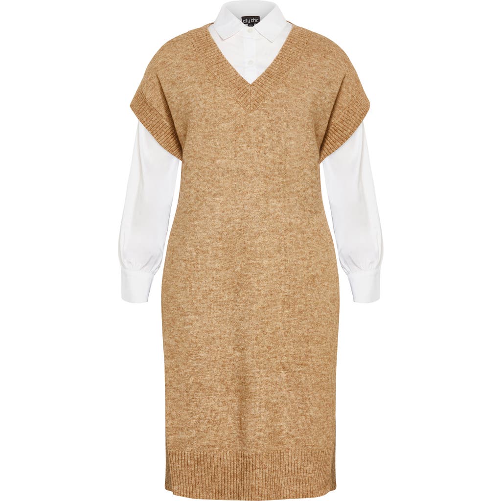 City Chic Gloria Layered Long Sleeve Knit Dress In Brown