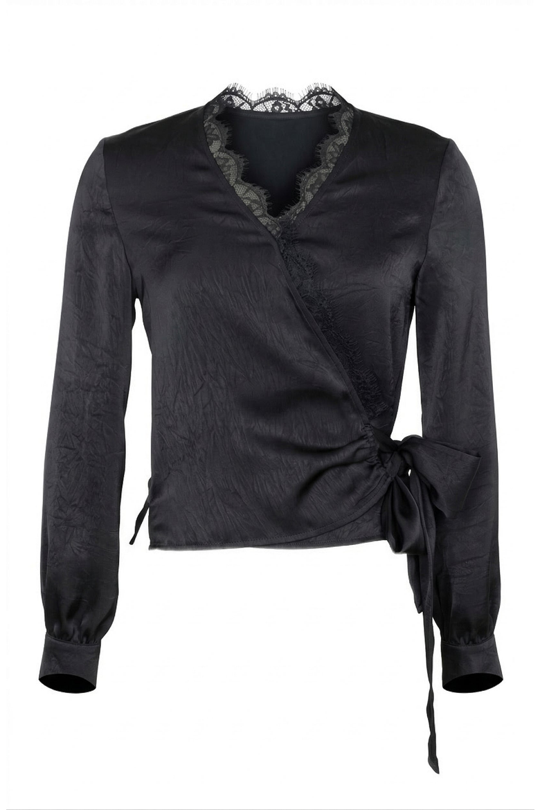 Lace Trim V-Neck Wrap Blouse, Alternate, color, Black
