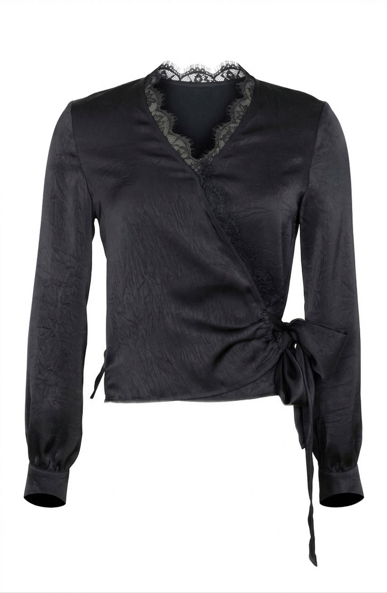 Modenaire Lace Trim V-Neck Wrap Blouse, Alternate, color, Black